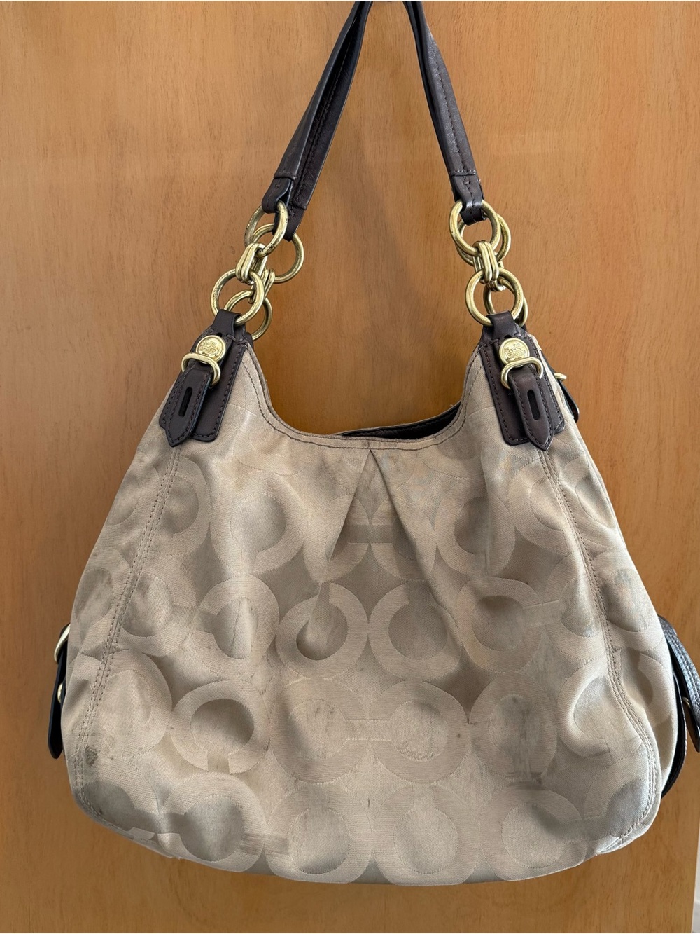 Coach Beige Logo Shoulder Bag with Dark Brown Straps